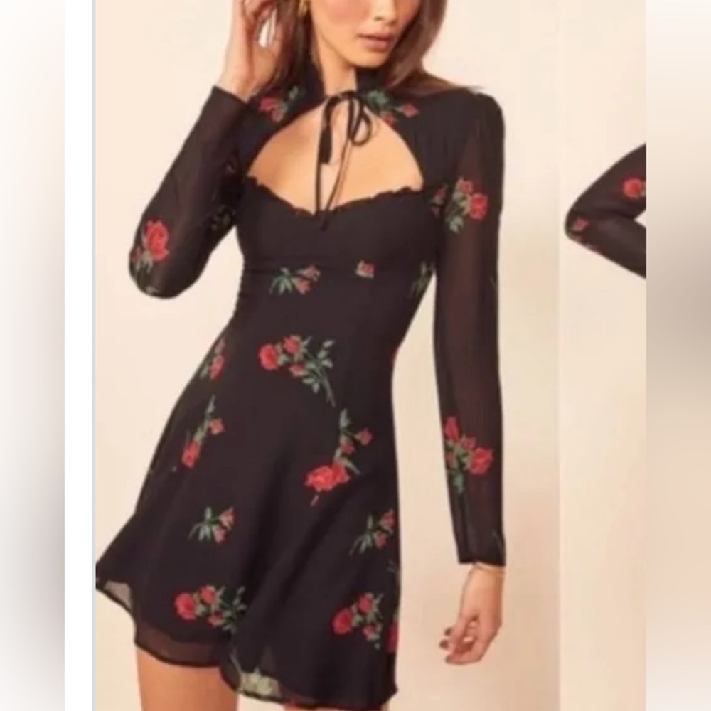 NWOT reformation mini dress black with roses size 0